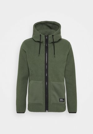 Green fleece hoodie with a full black zipper, adjustable drawstrings, two front pockets, and a textured, soft surface. Black accents on cuffs.