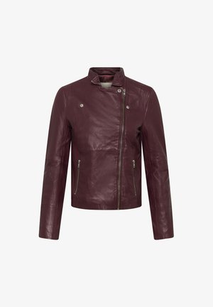 Jachetă din piele vinie cu fermoar frontal asimetric, guler în picioare cu butoni tip snap și buzunare laterale cu fermoar, prezentată plat.