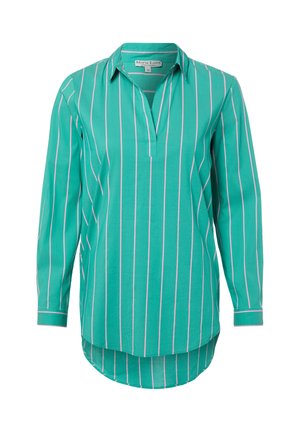 Leichtes türkisfarbenes Hemd mit dünnen weißen und rosa vertikalen Streifen, klassischem Kragen und abgerundetem Saum. Lange Ärmel mit Knopfdetails.