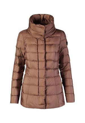 Hnědá prošívaná pufovaná bunda s vysokým límcem, dlouhými rukávy a předními patenty, navržená pro chladné počasí.