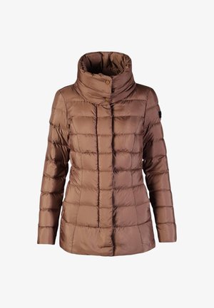 Giacca a vento imbottita marrone con collare alto, maniche lunghe e bottoni a scatto frontali, progettata per il freddo.