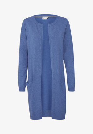 Dlhý kardigán s otvorenou prednou časťou v jednofarbovej modrej, s rebrovanými manžetami a lemom, vyrobený z mäkkej látky, s dvoma prednými vreckami pre praktické využitie.