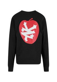 Langärmliges schwarzes Sweatshirt mit einem großen roten Apfel-Graphic und einem weißen knochenähnlichen Design. Weiches Baumwollmaterial, lockere Passform.