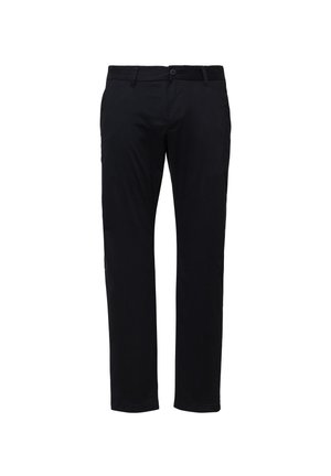 Czarne, dopasowane spodnie slim-fit z szlufkami na pasek, z zapięciem na guzik i zamek, przedstawione z przodu na białym tle.