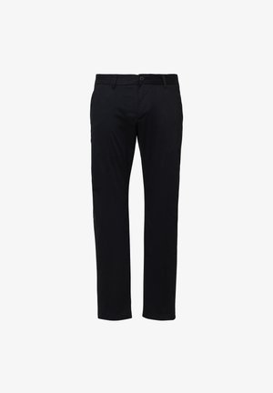 Czarne, dopasowane spodnie slim-fit z szlufkami na pasek, z zapięciem na guzik i zamek, przedstawione z przodu na białym tle.