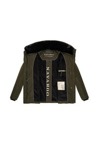 Olive green padded parka with black fur-lined hood. Interior features a black lining and vertical white text, with a small pocket and label detail.