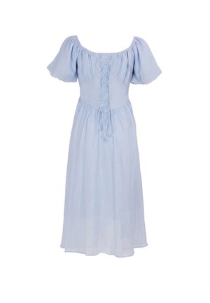 Hellblaues Midikleid mit Puffärmeln und Schnürdetail am taillierten Oberteil, mit einem gerafften Rock.