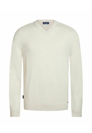 Langärmliger V-Ausschnitt-Pullover in Cremeton mit gerippten Bündchen und Saum, innen am Kragen und an der Seitenetikette mit "Mr Marvis" beschriftet.