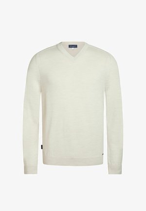 Langärmliger V-Ausschnitt-Pullover in Cremeton mit gerippten Bündchen und Saum, innen am Kragen und an der Seitenetikette mit "Mr Marvis" beschriftet.