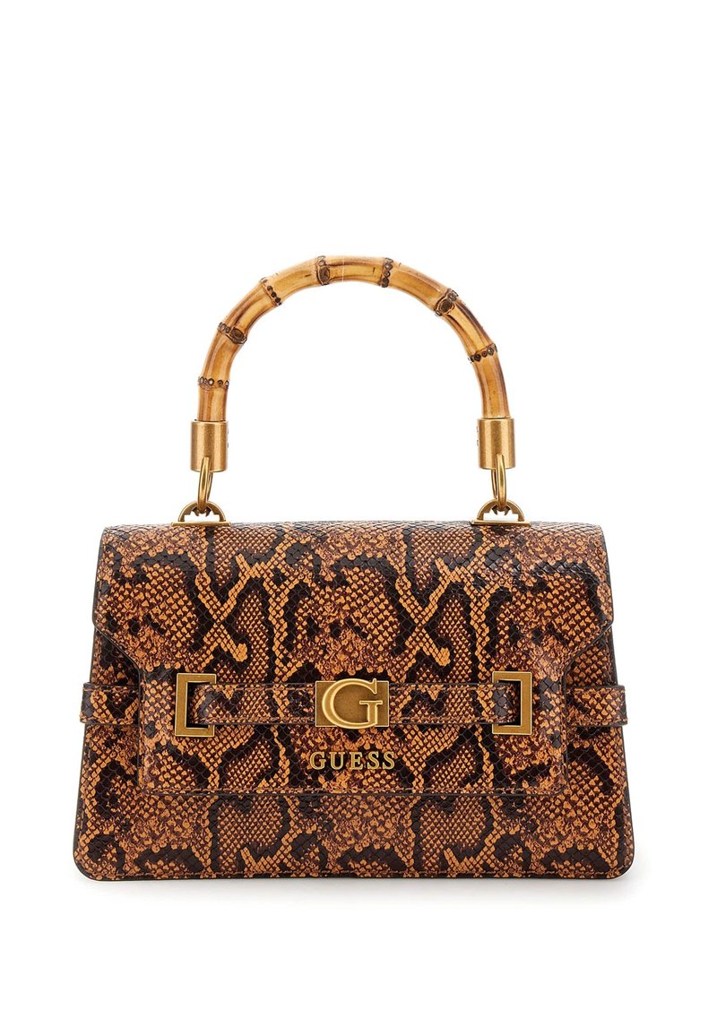 Rudas ir juodas gyvatės odos rašto rankinukas su bambuko rankena ir auksinių atspalvių logotipo akcentais priekyje. Suformuota stačiakampė forma.