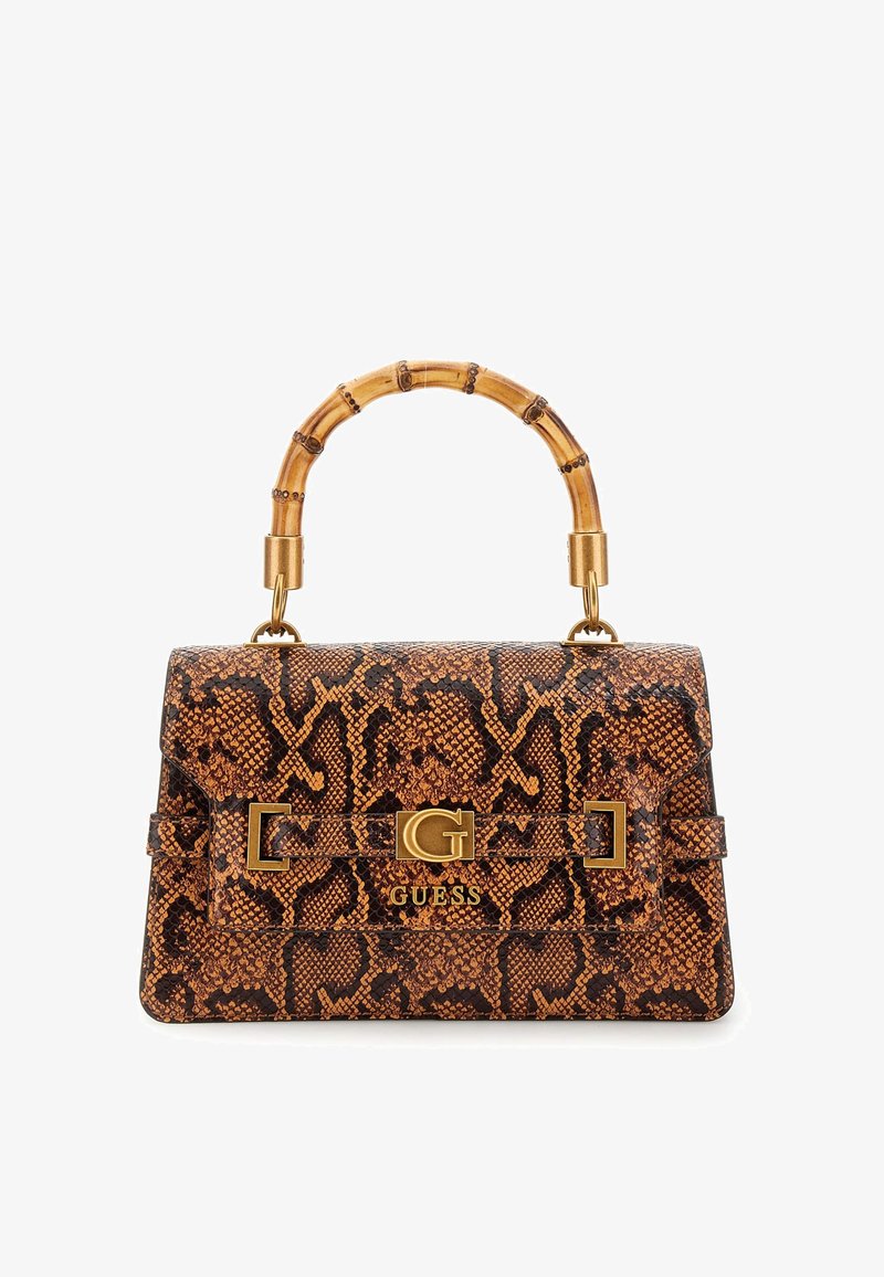 Rudas ir juodas gyvatės odos rašto rankinukas su bambuko rankena ir auksinių atspalvių logotipo akcentais priekyje. Suformuota stačiakampė forma.