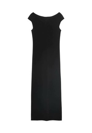 Robe noire sans manches avec un décolleté dénudé. Présente une silhouette droite et une texture lisse et mate.