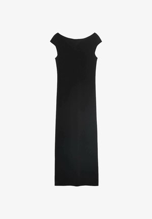 Črna, brezrokavna obleka z off-the-shoulder izrezom. Ima ravno silhueto in gladko, mat teksturo.