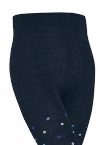 Marineblaue Leggings mit einem gerippten Bund und verstreuten Punkten in Blau, Weiß und Hellblau am unteren Bein.
