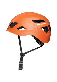 Orange klatrehjelm med ventilationshuller, justerbare remme og mat overflade. Har sorte accenter og brandlogo på siden.