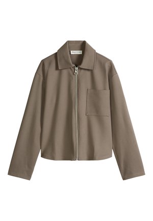 Veste taupe à manches longues avec fermeture éclair, col et une poche poitrine unique, avec un ourlet droit et un design minimaliste.