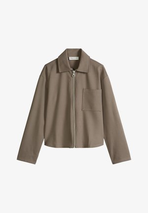 Taupe lange mouwen jas met rits, kraag en een enkele borstzak, met een rechte zoom en minimalistisch ontwerp.