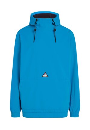Modrá nepremokavá bunda s kapucňou, elastickými manžetami a prednou vreckom. Na hrudi sa nachádza trojuholníkový logo. Hladká textura.