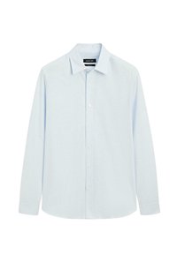 Camicia a maniche lunghe azzurro chiaro in tessuto morbido, con chiusura frontale a bottoni, colletto classico, texture sottile e orlo dritto.