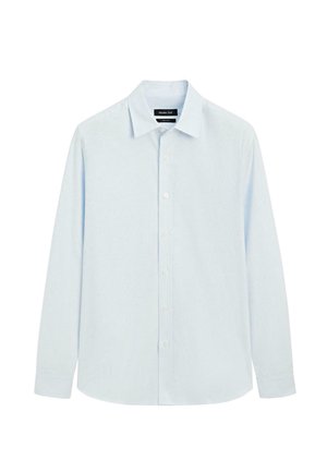 Ljusblå långärmad skjorta i mjukt tyg, med knapp-front, klassisk krage och subtil struktur med rak fåll.