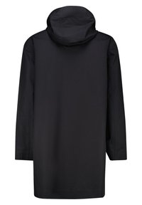 Abrigo negro impermeable con capucha, con mangas largas, corte recto y sin herrajes ni decoraciones visibles en la parte posterior.