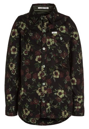 Czarna koszula na długi rękaw zapinana na guziki, z zielono-bordowym kwiatowym nadrukiem oraz pojedynczą kieszenią na piersi z patką na guzik.