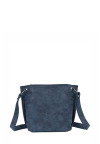 Borsa a secchiello in ecopelle blu con una texture morbida, tracolla regolabile e occhielli metallici. Design semplice con un ampio interno.