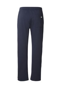 Pantalon de survêtement bleu marine en tissu doux, doté d'une taille élastique et d'une poche arrière. Design simple avec une coupe droite et sans motifs.