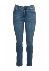 Pantalones vaqueros de denim azul oscuro con corte ajustado, que cuentan con una cintura de altura media, diseño clásico de cinco bolsillos y detalles de costura sutiles.