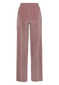 Pantaloni larghi in velluto rosa con vita elastica, caratterizzati da una texture morbida e una superficie liscia. Nessuna tasca o chiusura visibile.