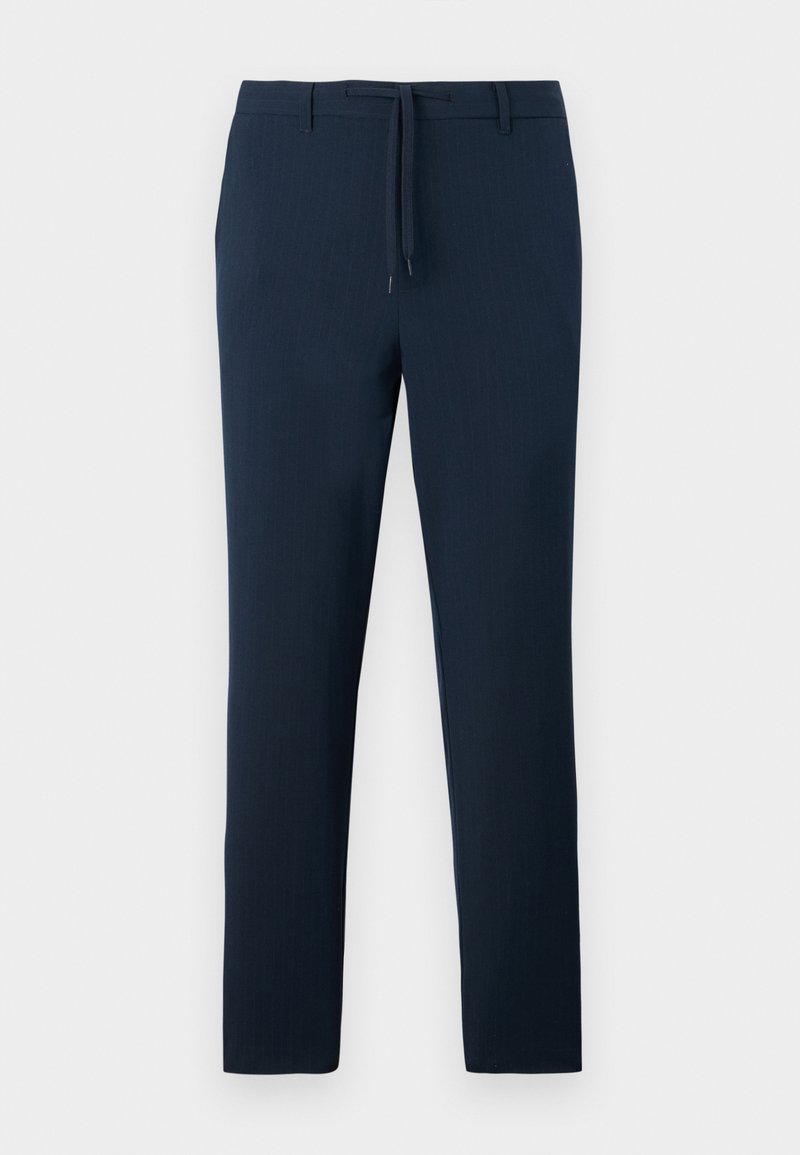 Pantalons bleu marine en tissu texturé, présentant un design à jambe droite, des poches avant et une taille avec cordon de serrage.