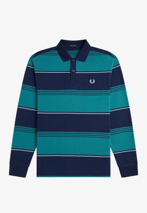 Langærmet polo med vandrette striber i blågrøn og marineblå, toknapslukning og lille hvid laurbærkrans-logo på venstre bryst.