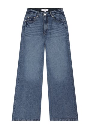 Weite blaue Denim-Jeans mit hoher Taille, Fünf-Taschen-Design und sichtbaren Nähten. Glatte Textur mit leichtem Verblassen.