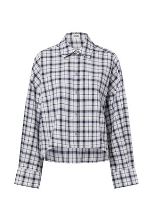 Camicia corta con bottoni in motivo a quadri bianco e blu navy, caratterizzata da un colletto strutturato, maniche lunghe e tessuto dalla texture liscia.