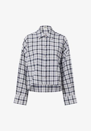 Camicia corta con bottoni in motivo a quadri bianco e blu navy, caratterizzata da un colletto strutturato, maniche lunghe e tessuto dalla texture liscia.