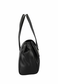 Black leather shoulder bag with long straps, a slightly gathered side, and a zippered top closure.