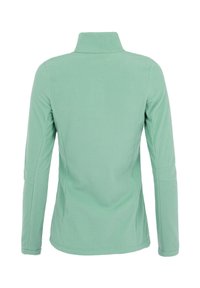 Giacca in pile verde chiaro con colletto alto, maniche lunghe e tessuto liscio; nessuna hardware o motivo visibile sulla schiena.