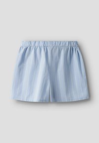 Light blue shorts with vertical white stripes, featuring an elastic waistband and a relaxed fit, made from a smooth, lightweight fabric.