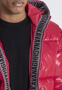 Rote Puffjacke mit glänzender Oberfläche, ausgestattet mit einem grauen Marken-Reißverschlussband und einem schwarzen Crewneck-T-Shirt darunter.