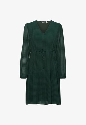 Vestido de rayas verdes con escote en V, mangas largas, cintura ajustable con lazo y diseño en capas. Fabricado en una tela ligera y transparente.