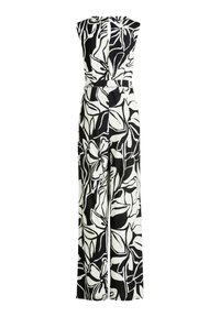 Mouwloze jumpsuit met een gedurfd zwart-wit bloemenpatroon, brede pijpen, zachte stof en een ritssluiting aan de achterkant.