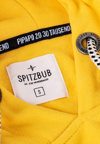 Yellow hoodie featuring a fabric tag with "SPITZBUB," size "S," and a drawstring with a black and white pattern.