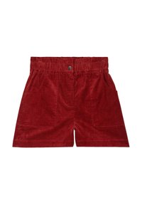 Rote Cordshorts mit elastischem Bund, zwei Fronttaschen und vertikalem Ripptextur. Der Saum endet knapp über dem Knie.