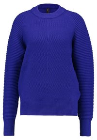 Pull-over en tricot violet vif, doté d'un col côtelé et d'un corps texturé avec des motifs diagonaux et horizontaux. Manches longues.