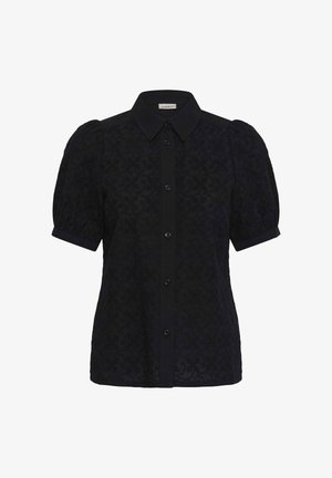 Black short-sleeve blouse with puffed sleeves, textured floral pattern, button-down front, and pointed collar.