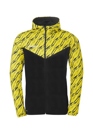 Sort og gul hættetrøje med geometrisk mønster, udstyret med en fuld lynlås og elastiske manchetter, lavet af slidstærkt stof.