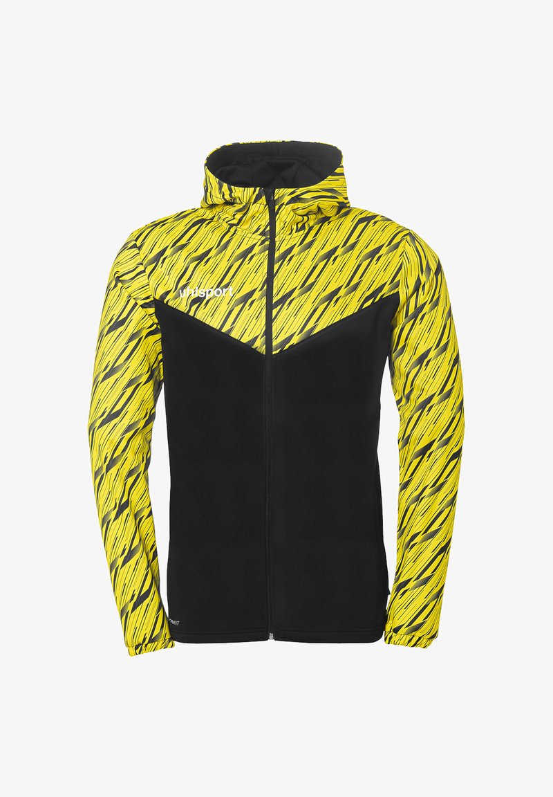 Sort og gul hættetrøje med geometrisk mønster, udstyret med en fuld lynlås og elastiske manchetter, lavet af slidstærkt stof.