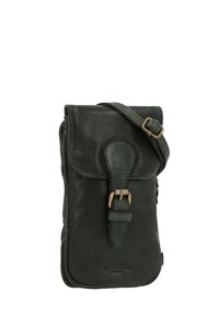 Green leather crossbody bag with a flap closure, textured surface, buckle detail, and a zipper along the side. Adjustable strap included.