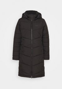 Czarna kurtka puchowa z kapturem, z zapięciem na zamek, pikowaną teksturą i bocznymi kieszeniami. Wykonana z materiału syntetycznego, o długości do kolan.