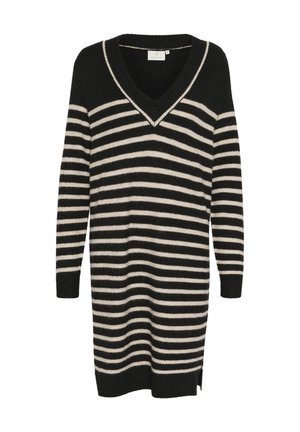 Svītrota džemperkleita ar V veida kakla izgriezumu; ar melnām un beigu svītrām, garām piedurknēm un sānu izdobi. Izgatavota no mīksta, teksturēta auduma.